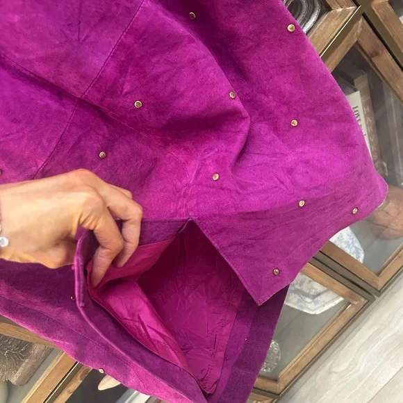 Vintage Daniel Leather Long Sleeve Fuchsia Suede Shift Dress with Stud Detail - Picture 8 of 13